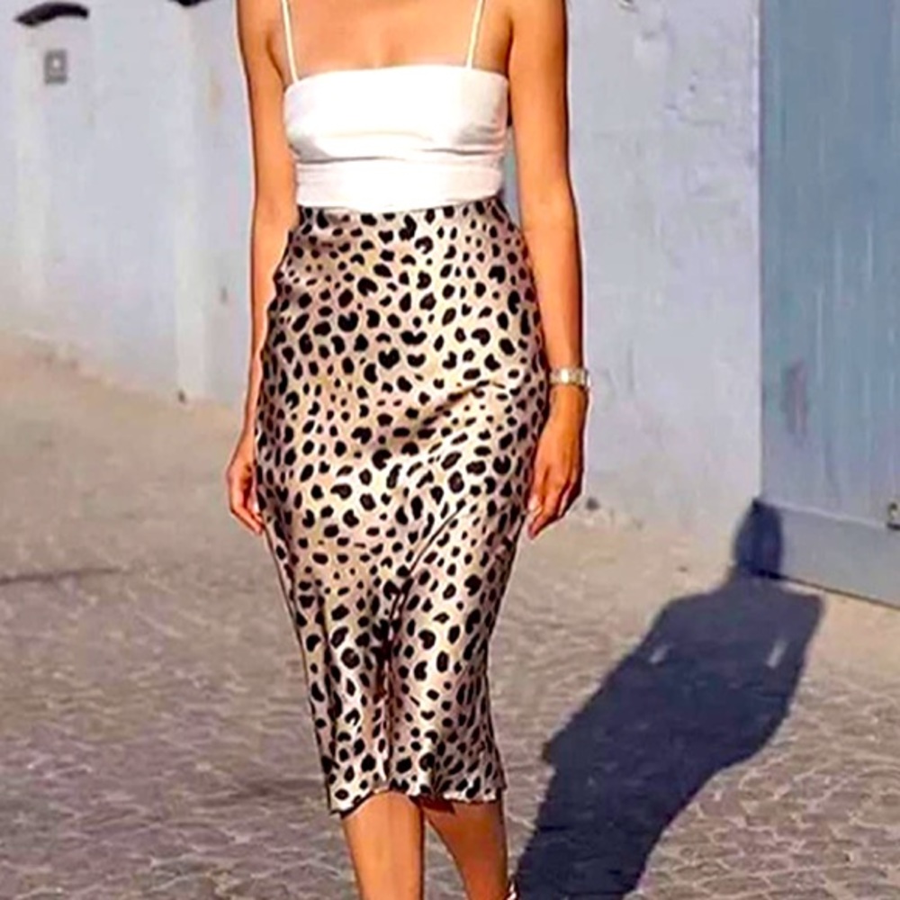 High Waist Leopard Midi Skirt Hidden Elasticized Waistband Silk Satin Skirts